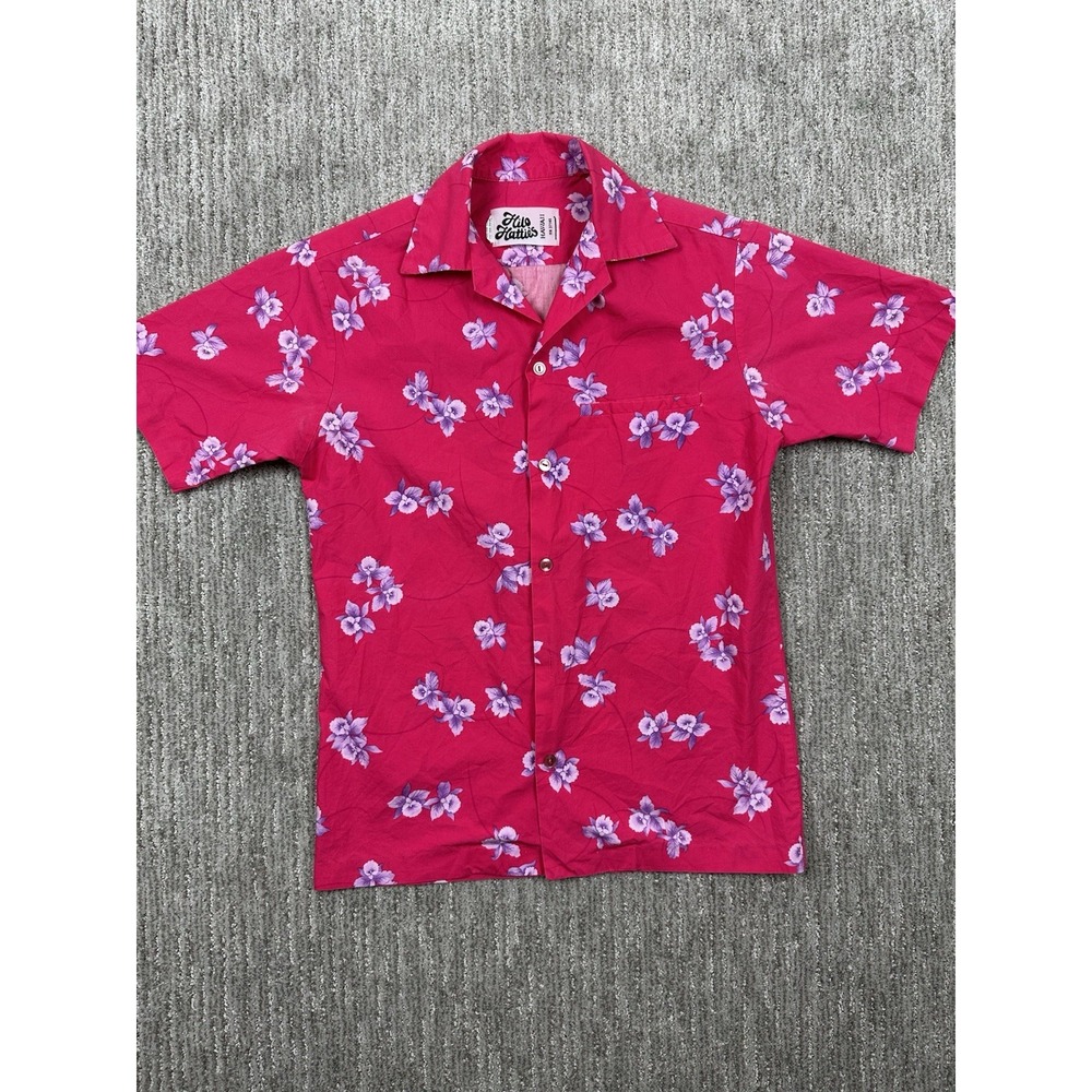 VTG 80s Hilo Hattie Hawaiian Shirt Mens XS/S Pink Floral Tropical Missing Button